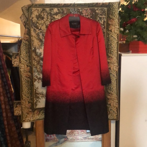 St. John red satin black wool accents midi dress and overcoat EUC size 8 - Picture 4 of 12